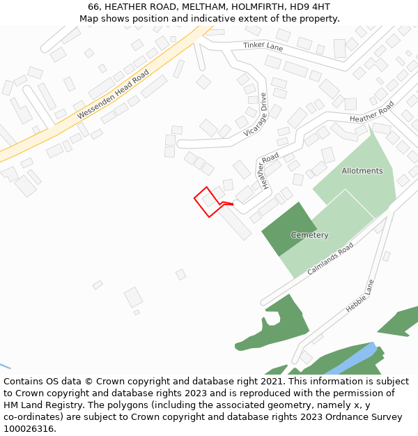 66, HEATHER ROAD, MELTHAM, HOLMFIRTH, HD9 4HT: Location map and indicative extent of plot