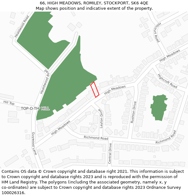 66, HIGH MEADOWS, ROMILEY, STOCKPORT, SK6 4QE: Location map and indicative extent of plot