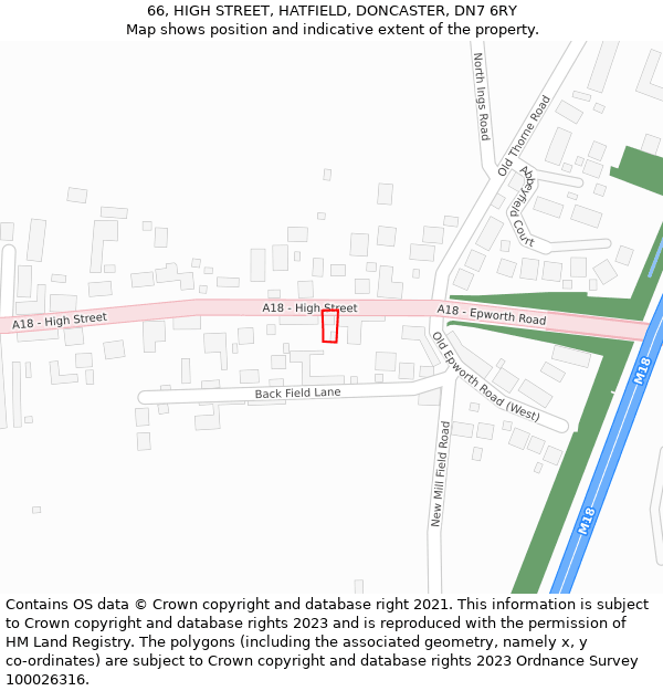 66, HIGH STREET, HATFIELD, DONCASTER, DN7 6RY: Location map and indicative extent of plot