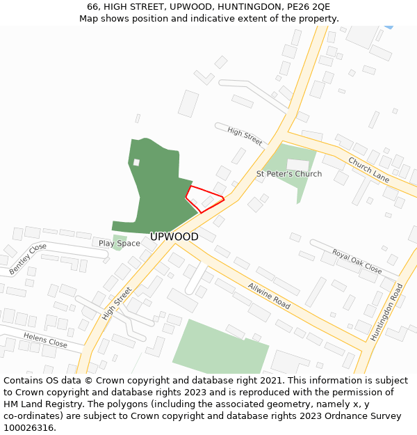 66, HIGH STREET, UPWOOD, HUNTINGDON, PE26 2QE: Location map and indicative extent of plot