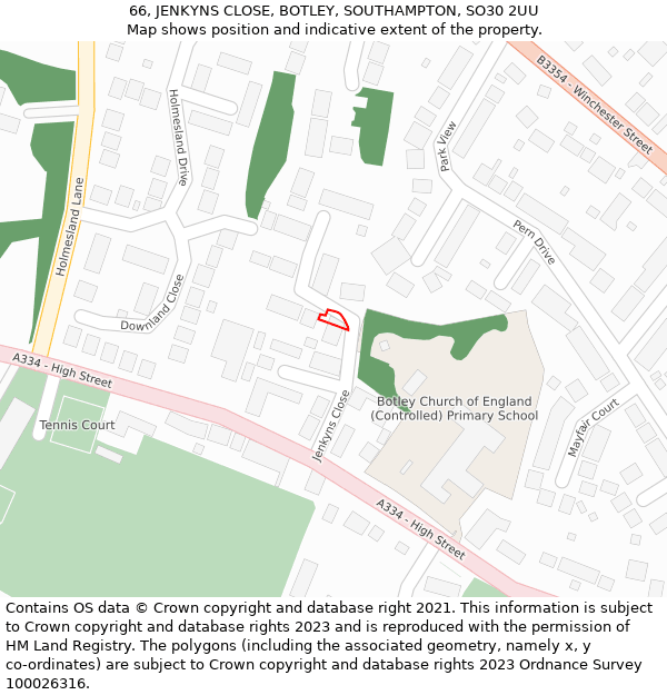 66, JENKYNS CLOSE, BOTLEY, SOUTHAMPTON, SO30 2UU: Location map and indicative extent of plot