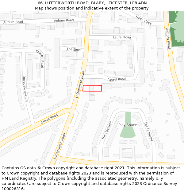 66, LUTTERWORTH ROAD, BLABY, LEICESTER, LE8 4DN: Location map and indicative extent of plot