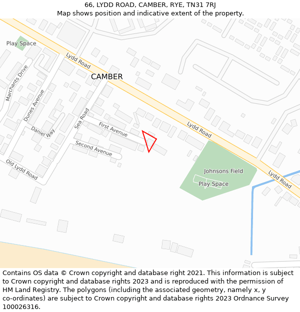 66, LYDD ROAD, CAMBER, RYE, TN31 7RJ: Location map and indicative extent of plot