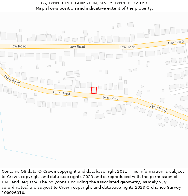 66, LYNN ROAD, GRIMSTON, KING'S LYNN, PE32 1AB: Location map and indicative extent of plot