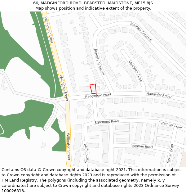 66, MADGINFORD ROAD, BEARSTED, MAIDSTONE, ME15 8JS: Location map and indicative extent of plot