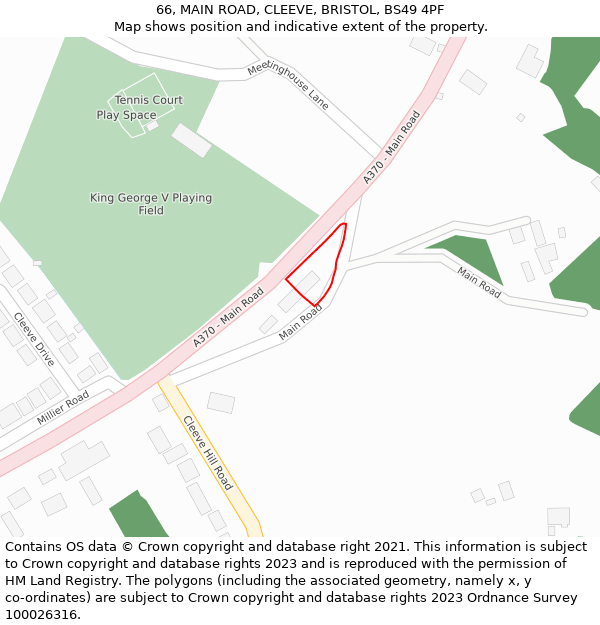 66, MAIN ROAD, CLEEVE, BRISTOL, BS49 4PF: Location map and indicative extent of plot
