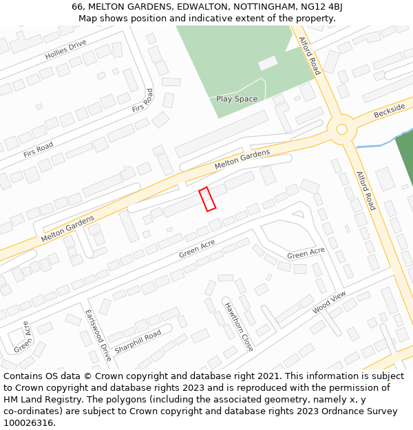 66, MELTON GARDENS, EDWALTON, NOTTINGHAM, NG12 4BJ: Location map and indicative extent of plot