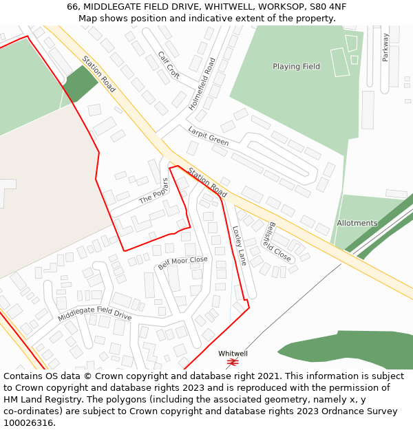 66, MIDDLEGATE FIELD DRIVE, WHITWELL, WORKSOP, S80 4NF: Location map and indicative extent of plot