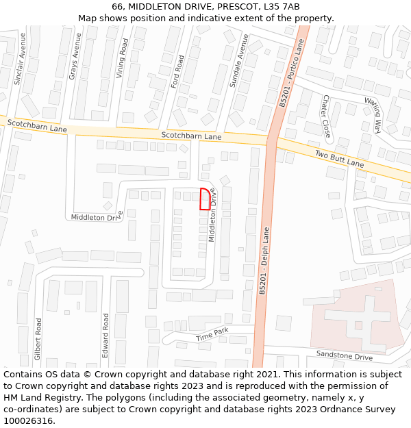 66, MIDDLETON DRIVE, PRESCOT, L35 7AB: Location map and indicative extent of plot