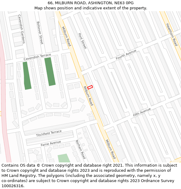 66, MILBURN ROAD, ASHINGTON, NE63 0PG: Location map and indicative extent of plot