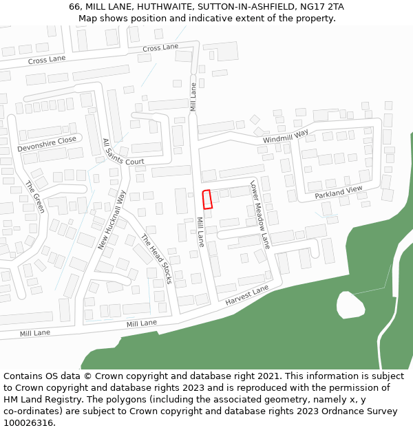 66, MILL LANE, HUTHWAITE, SUTTON-IN-ASHFIELD, NG17 2TA: Location map and indicative extent of plot