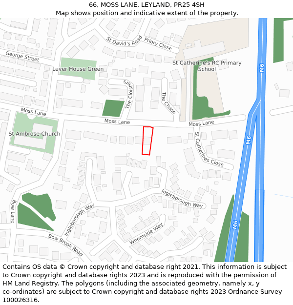 66, MOSS LANE, LEYLAND, PR25 4SH: Location map and indicative extent of plot