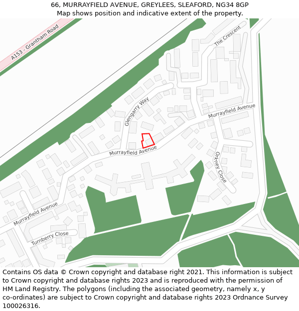 66, MURRAYFIELD AVENUE, GREYLEES, SLEAFORD, NG34 8GP: Location map and indicative extent of plot