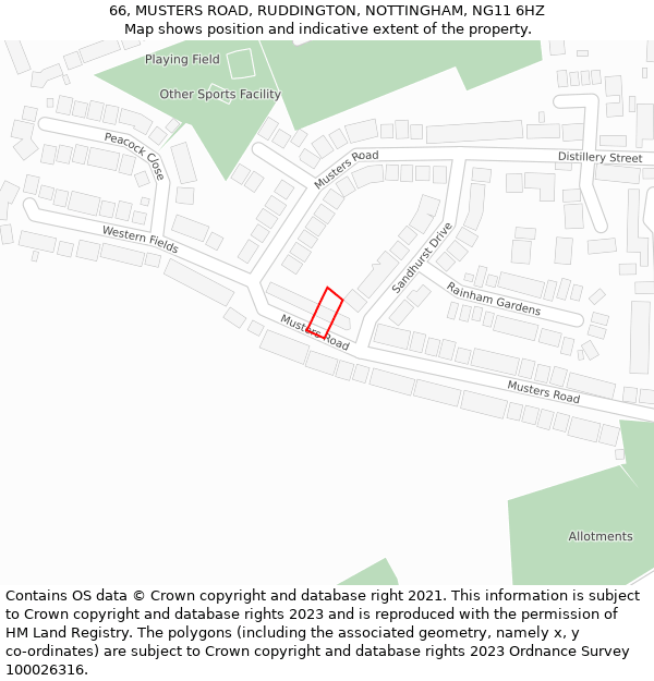 66, MUSTERS ROAD, RUDDINGTON, NOTTINGHAM, NG11 6HZ: Location map and indicative extent of plot