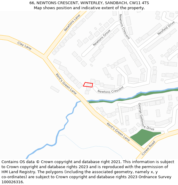 66, NEWTONS CRESCENT, WINTERLEY, SANDBACH, CW11 4TS: Location map and indicative extent of plot