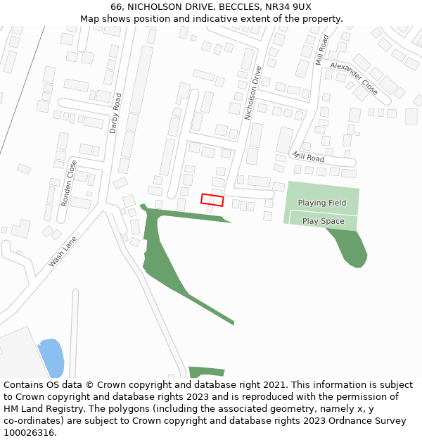 66, NICHOLSON DRIVE, BECCLES, NR34 9UX: Location map and indicative extent of plot