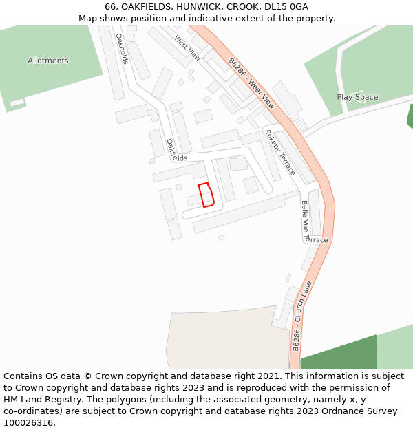 66, OAKFIELDS, HUNWICK, CROOK, DL15 0GA: Location map and indicative extent of plot