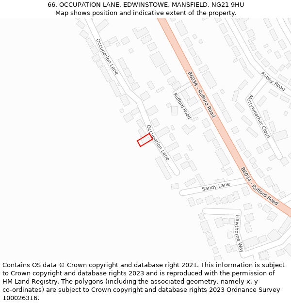 66, OCCUPATION LANE, EDWINSTOWE, MANSFIELD, NG21 9HU: Location map and indicative extent of plot