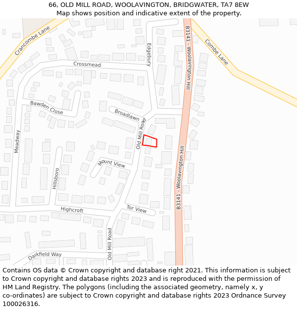 66, OLD MILL ROAD, WOOLAVINGTON, BRIDGWATER, TA7 8EW: Location map and indicative extent of plot