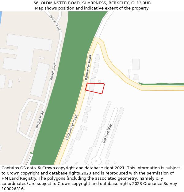 66, OLDMINSTER ROAD, SHARPNESS, BERKELEY, GL13 9UR: Location map and indicative extent of plot