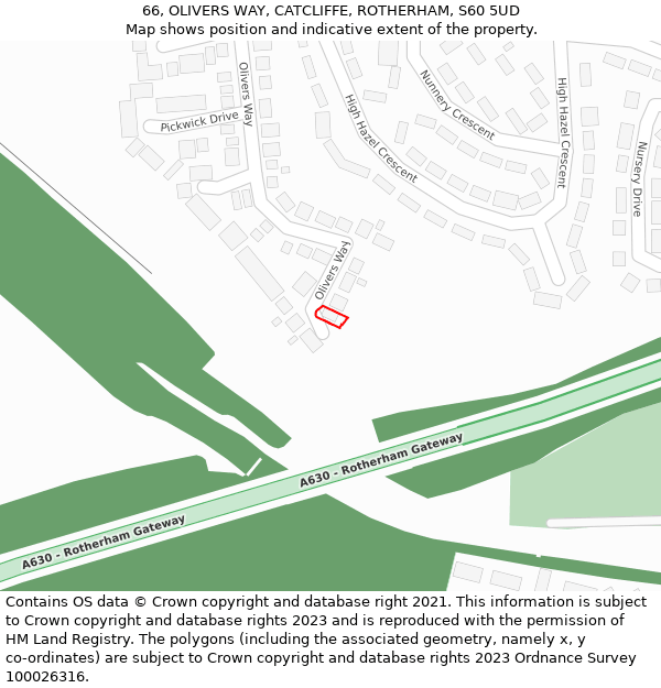 66, OLIVERS WAY, CATCLIFFE, ROTHERHAM, S60 5UD: Location map and indicative extent of plot