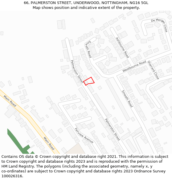 66, PALMERSTON STREET, UNDERWOOD, NOTTINGHAM, NG16 5GL: Location map and indicative extent of plot