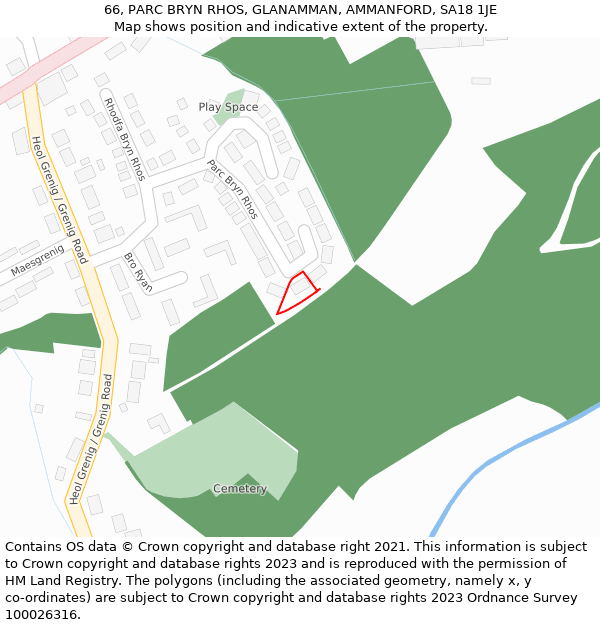 66, PARC BRYN RHOS, GLANAMMAN, AMMANFORD, SA18 1JE: Location map and indicative extent of plot