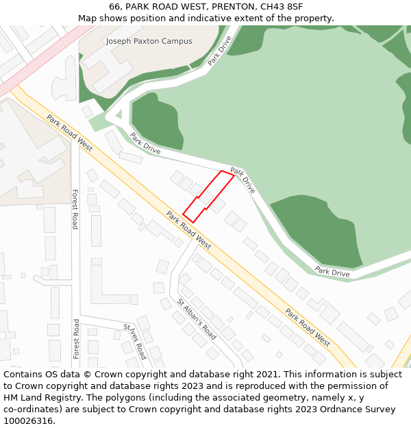 66, PARK ROAD WEST, PRENTON, CH43 8SF: Location map and indicative extent of plot