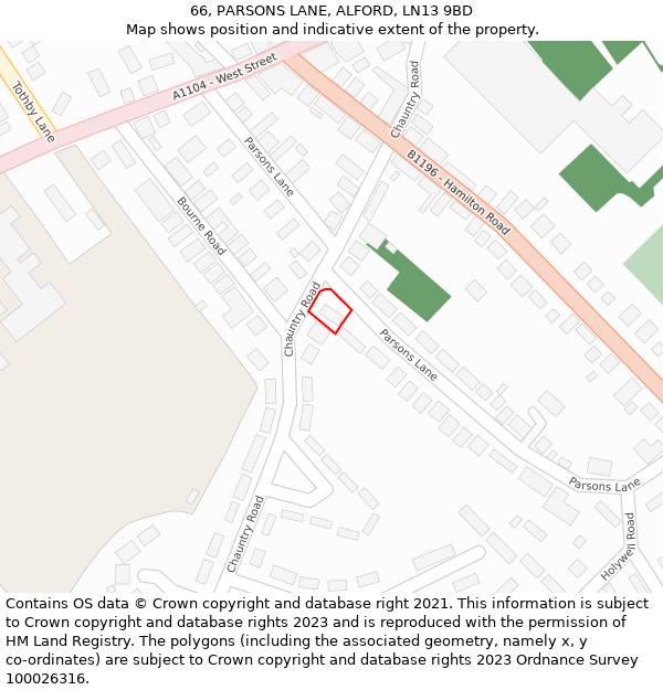 66, PARSONS LANE, ALFORD, LN13 9BD: Location map and indicative extent of plot