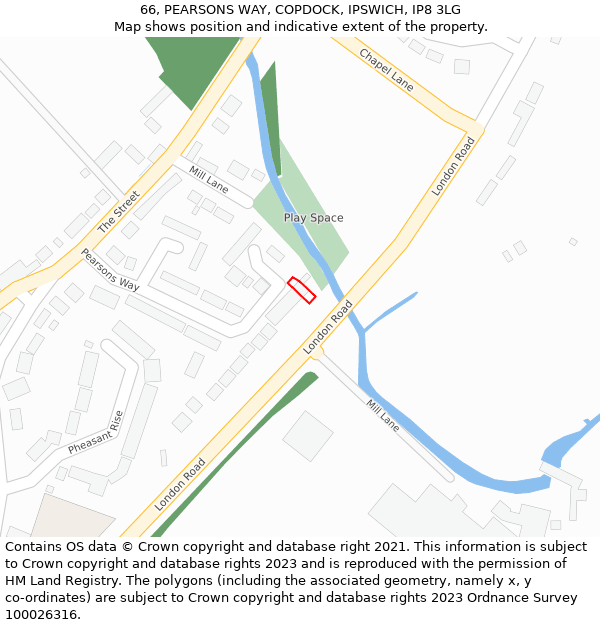 66, PEARSONS WAY, COPDOCK, IPSWICH, IP8 3LG: Location map and indicative extent of plot