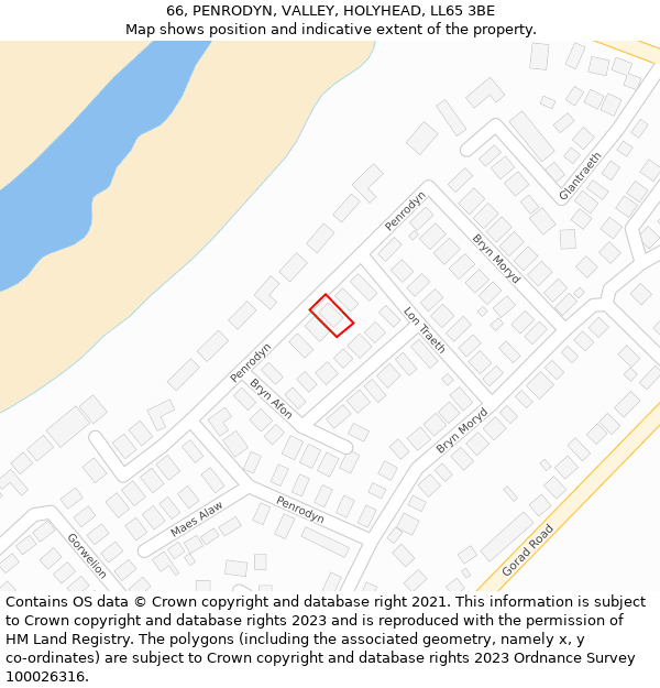 66, PENRODYN, VALLEY, HOLYHEAD, LL65 3BE: Location map and indicative extent of plot