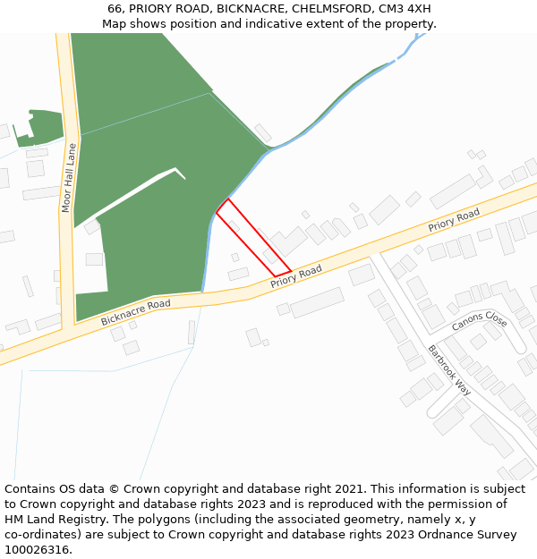 66, PRIORY ROAD, BICKNACRE, CHELMSFORD, CM3 4XH: Location map and indicative extent of plot