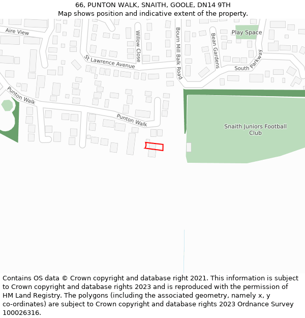 66, PUNTON WALK, SNAITH, GOOLE, DN14 9TH: Location map and indicative extent of plot