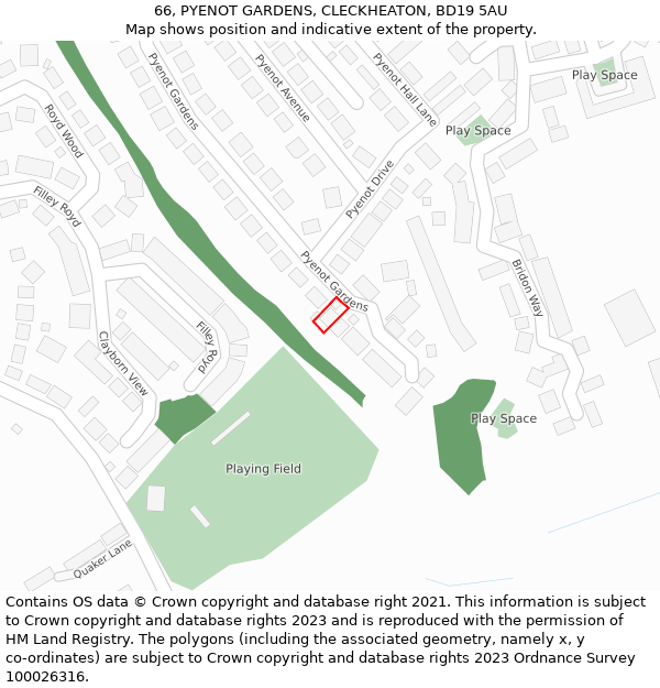 66, PYENOT GARDENS, CLECKHEATON, BD19 5AU: Location map and indicative extent of plot