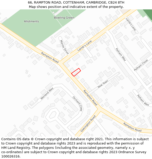 66, RAMPTON ROAD, COTTENHAM, CAMBRIDGE, CB24 8TH: Location map and indicative extent of plot