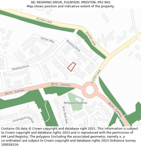 66, REDWING DRIVE, FULWOOD, PRESTON, PR2 9AS: Location map and indicative extent of plot