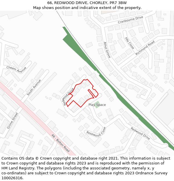 66, REDWOOD DRIVE, CHORLEY, PR7 3BW: Location map and indicative extent of plot