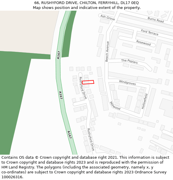 66, RUSHYFORD DRIVE, CHILTON, FERRYHILL, DL17 0EQ: Location map and indicative extent of plot