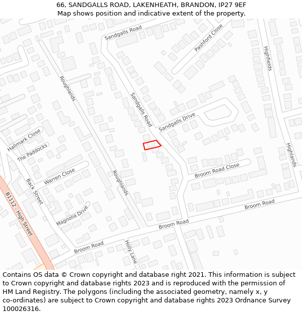 66, SANDGALLS ROAD, LAKENHEATH, BRANDON, IP27 9EF: Location map and indicative extent of plot