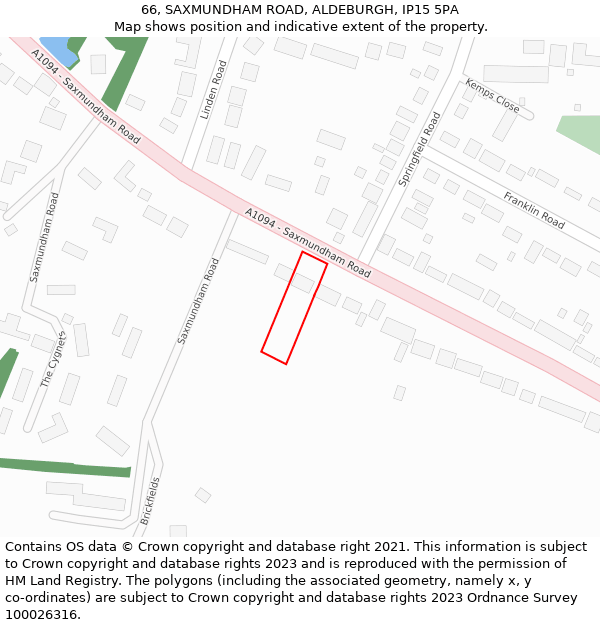 66, SAXMUNDHAM ROAD, ALDEBURGH, IP15 5PA: Location map and indicative extent of plot