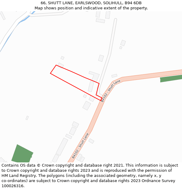 66, SHUTT LANE, EARLSWOOD, SOLIHULL, B94 6DB: Location map and indicative extent of plot