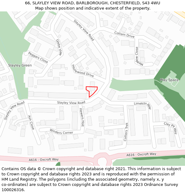 66, SLAYLEY VIEW ROAD, BARLBOROUGH, CHESTERFIELD, S43 4WU: Location map and indicative extent of plot