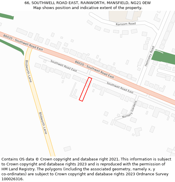 66, SOUTHWELL ROAD EAST, RAINWORTH, MANSFIELD, NG21 0EW: Location map and indicative extent of plot