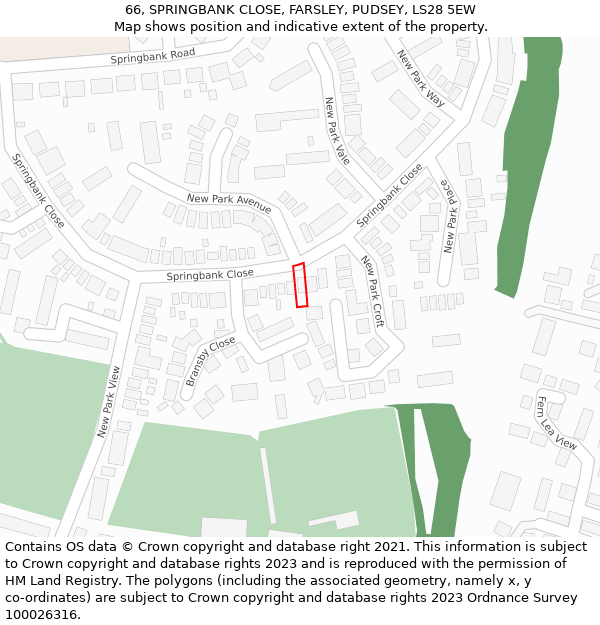 66, SPRINGBANK CLOSE, FARSLEY, PUDSEY, LS28 5EW: Location map and indicative extent of plot