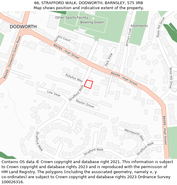 66, STRAFFORD WALK, DODWORTH, BARNSLEY, S75 3RB: Location map and indicative extent of plot