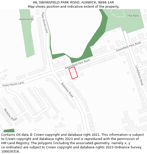 66, SWANSFIELD PARK ROAD, ALNWICK, NE66 1AR: Location map and indicative extent of plot