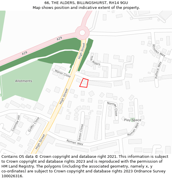 66, THE ALDERS, BILLINGSHURST, RH14 9GU: Location map and indicative extent of plot