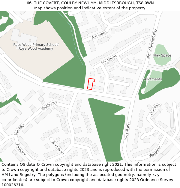 66, THE COVERT, COULBY NEWHAM, MIDDLESBROUGH, TS8 0WN: Location map and indicative extent of plot