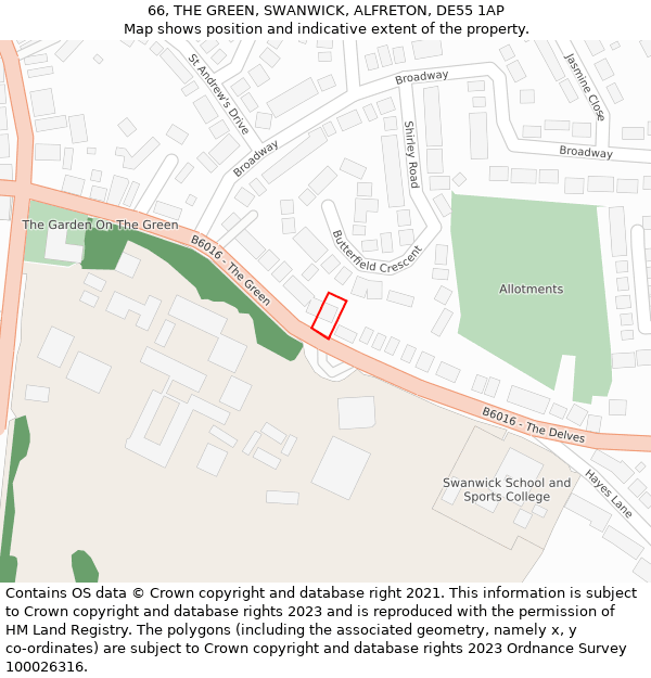 66, THE GREEN, SWANWICK, ALFRETON, DE55 1AP: Location map and indicative extent of plot