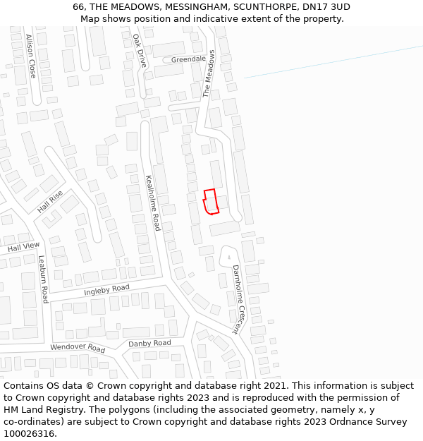 66, THE MEADOWS, MESSINGHAM, SCUNTHORPE, DN17 3UD: Location map and indicative extent of plot